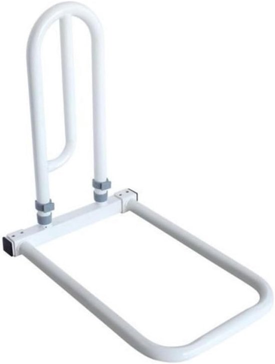 Een witte, metalen bedbeugel met een U-vormige handgreep en een rechte steun voor onder het matras.