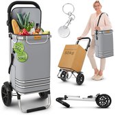Grijze boodschappentrolley vol met boodschappen, draagt tot 50kg. Inclusief winkelwagenmunt.