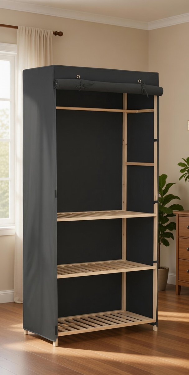 Luxe Stoffen Kledingkast 79x40x170 cm met Houten Frame en Hangroede – Moderne Opvouwbare Garderobekast voor Slaapkamer en Woonkamer – Grijs | Novihome