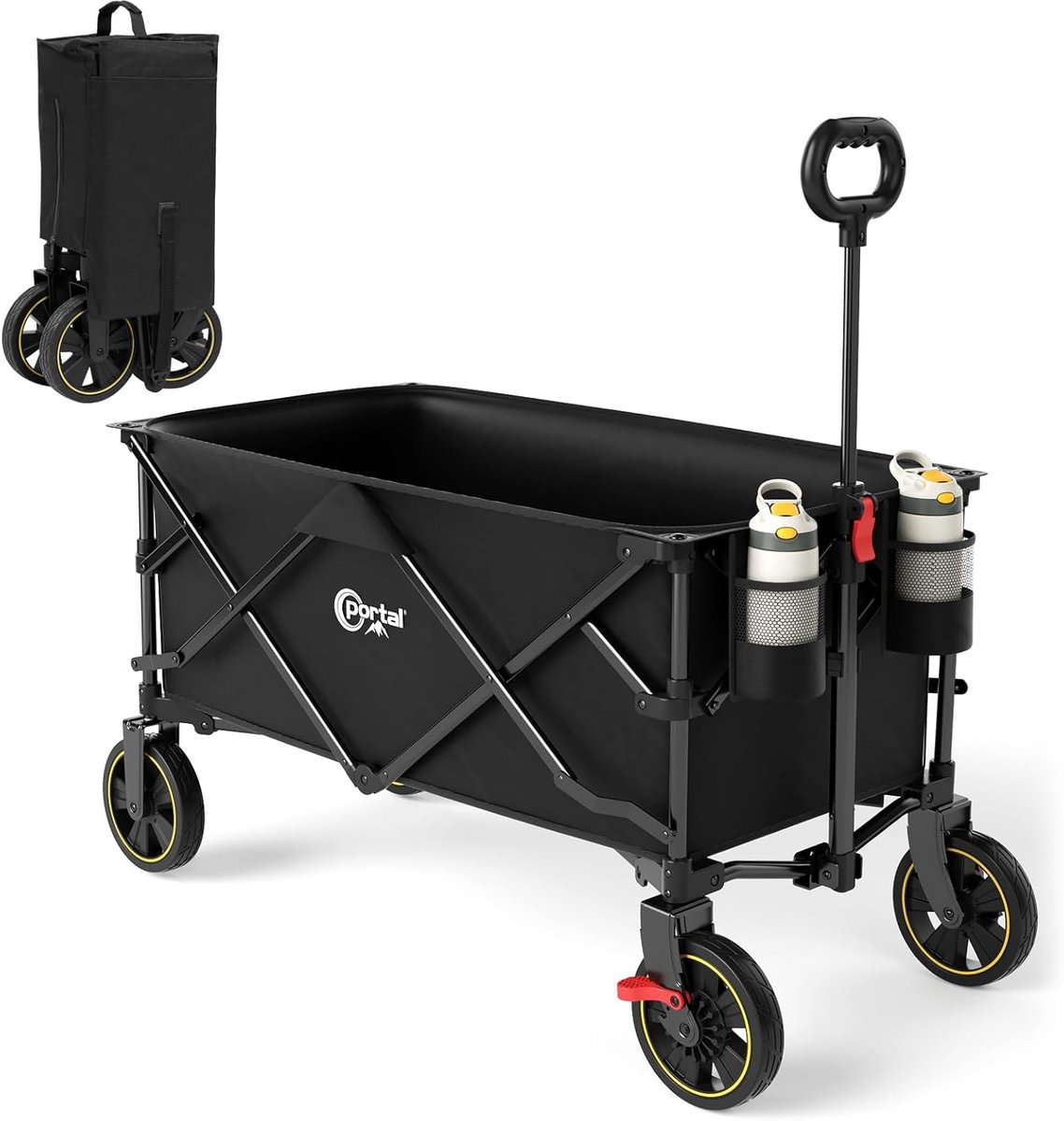 Opvouwbare Bolderkar met Groot Laadvlak - Handwagen tot 120 kg, Inclusief Bekerhouder en Zijvak voor Tuin, Camping en Strand