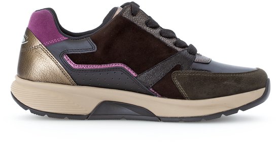 Zwarte Gabor dames sneaker met bruine, paarse en gouden accenten. Roze details en rits aan de zijkant.