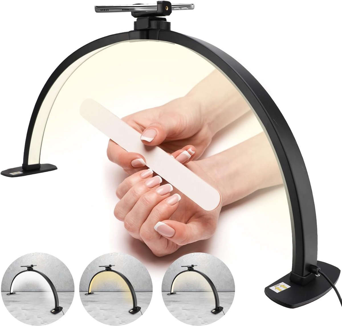 Halve maanlamp met flexibele telefoonhouder en instelbare helderheid