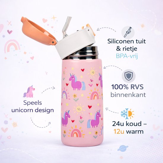 Pure Luv RVS Drinkfles met rietje - Magicsip - Drinkbeker - Roze - 500ml - Roestvrijstaal - RVS drinkfles Voor Kinderen - Inclusief Schoonmaakborstel - Kind- Peuter - BPA vrij - Unicorn - Schoolfles - Schoolreisje - Vakantiefles
