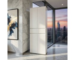 Slimline Opbergkast 60 cm – Hoge multifunctionele kast met 4 deuren en lade – Smalle witte kast met 3 planken voor woonkamer, slaapkamer, kantoor en huishoudgebruik – Compacte, ruimtebesparende opbergoplossing 64x34x180 cm NoViHome