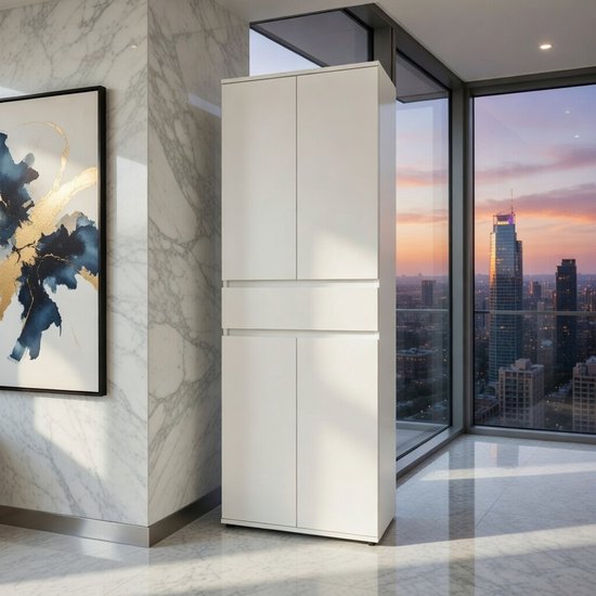 Slimline Opbergkast 60 cm – Hoge multifunctionele kast met 4 deuren en lade – Smalle witte kast met 3 planken voor woonkamer, slaapkamer, kantoor en h