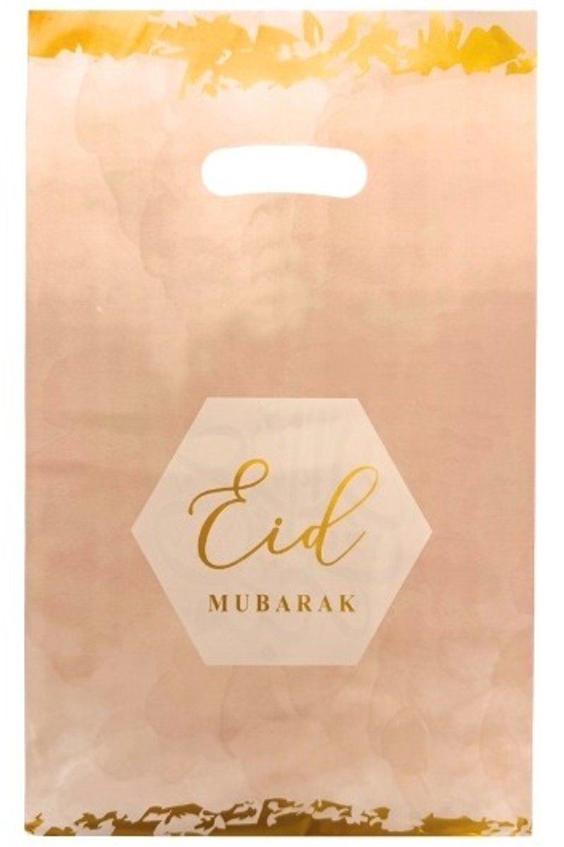 Plastic Uitdeelzakjes Eid Mubarak - Roze & Goud - 12 stuks