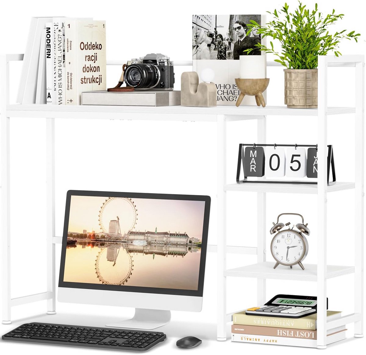 Bureau Organizer 98 cm - 4-laags Displayrek voor Computermonitor - Houten Opbergrek voor Thuiswerk