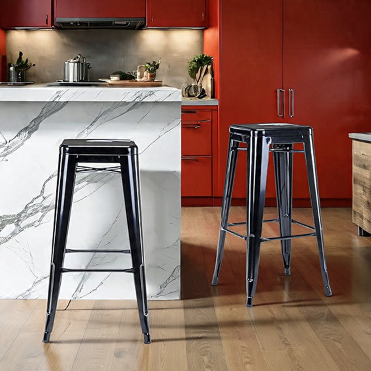 Industriële Barkrukken Set van 2 – 76 cm Zithoogte – Zwart Metaal met Houten Zitting – Stapelbaar – Voor Keukeneiland & Bar Casa Serena – 76 cm – Casa Dorada