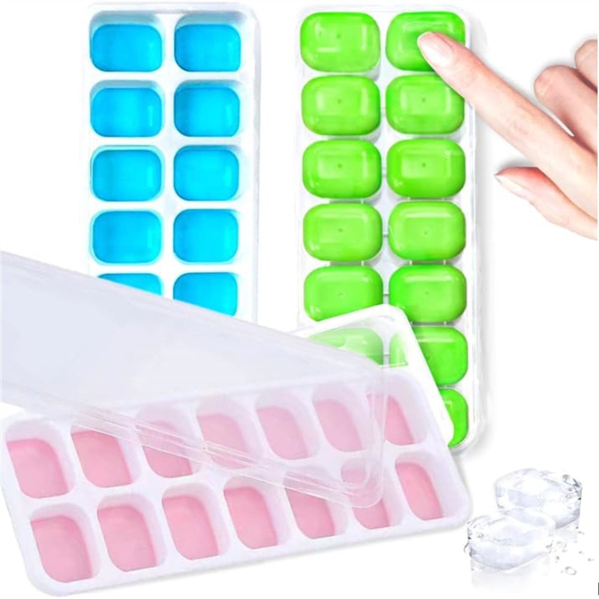 3 stuks ijsblokjesvorm met deksels, stapelbare siliconen ijsvormpjes voor de vriezer, makkelijk los te maken, draagbaar, vaatwasmachinebestendig, voor keuken, camper, cocktails, koffie, (Roze + Groen + Blauw)