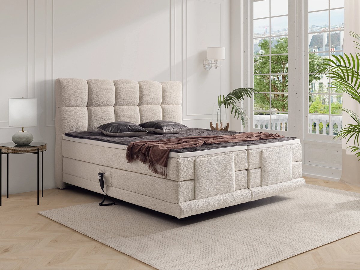 Elektrische Boxspring 180x200 cm Complete Set – Tweepersoons Boxspringbed met Elektrische Verstelbare Bedbodems, Pocketvering Matrassen en Topmatras – Bouclé/Teddy Stof Beige Luxe Hotel Boxspring – Bellavero