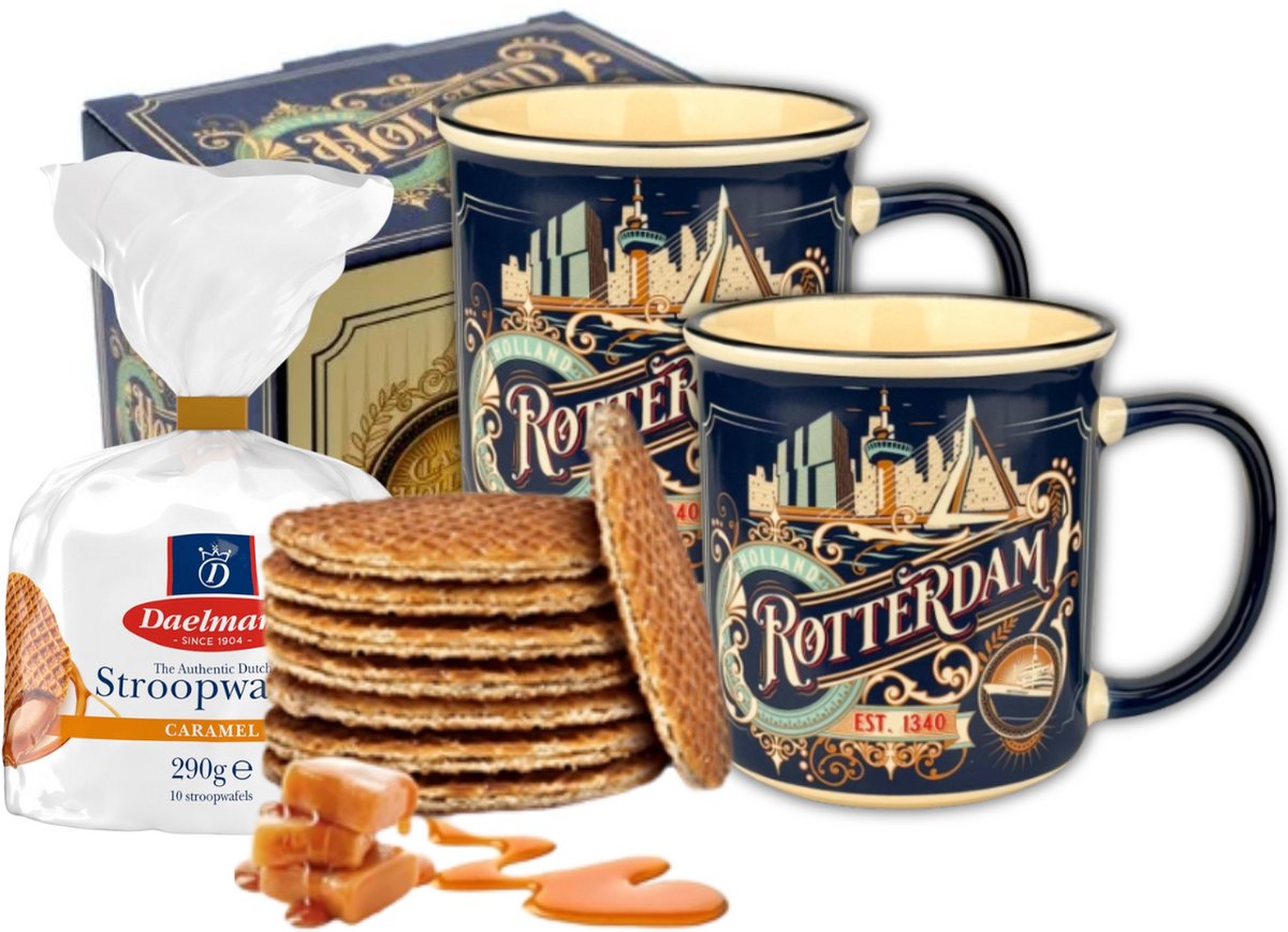 Rotterdam - 2 Mokken - Set van 2 - 350 ml - mét Daelmans Stroopwafels - Rotterdam souvenir