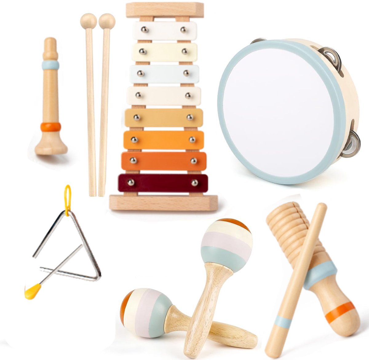 Houten muziekinstrumenten voor baby's, Montessori-slagwerk, drumset met xylofoon, educatief cadeau voor peuters en kleuters, Montessori-houten speelgoed voor kinderen van 1-6 jaar.