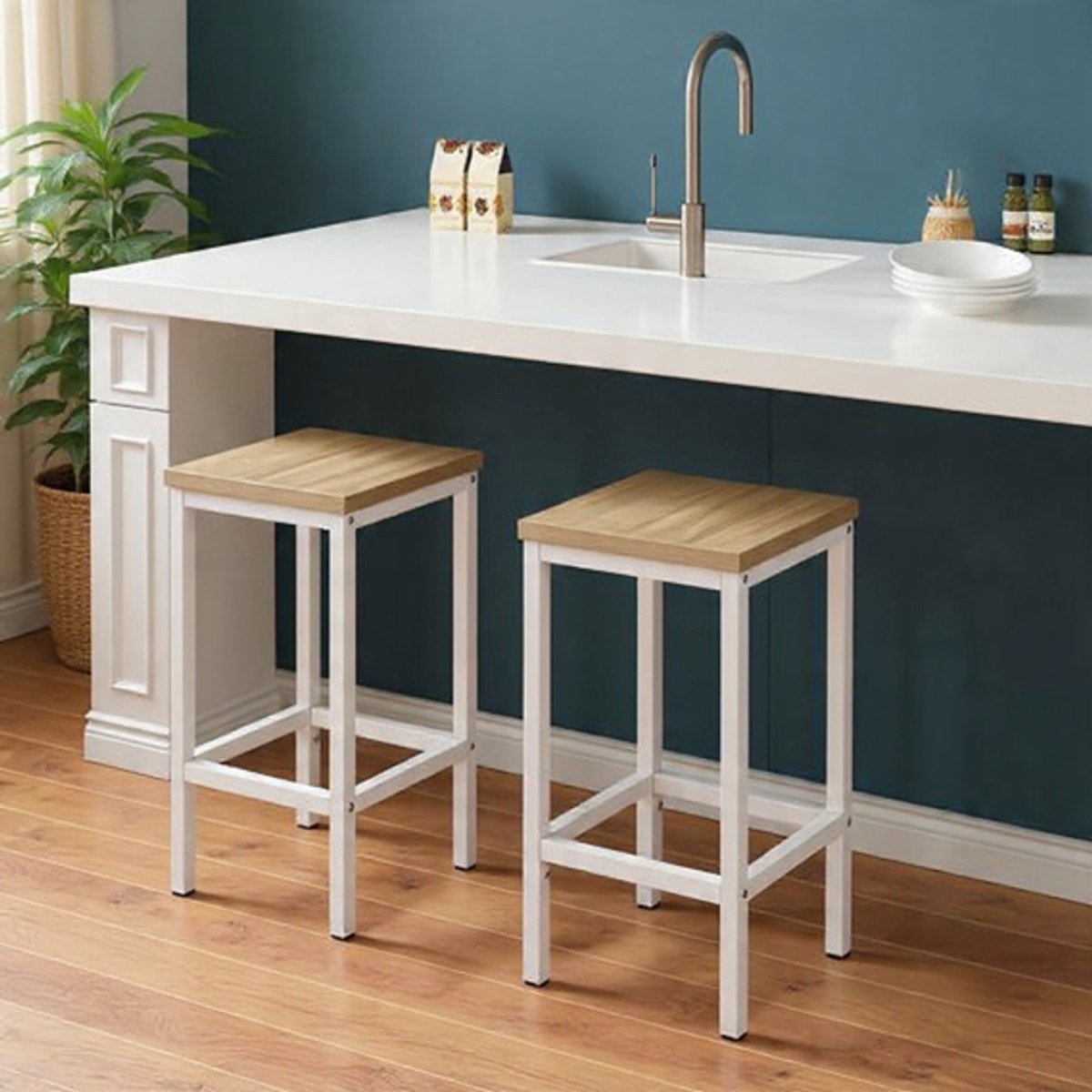 Industriële Barkrukken Set van 2 – Licht Eiken – 65 cm – Metaal & Hout – Keukeneiland Casa Serena – 65 cm – Casa Dorada