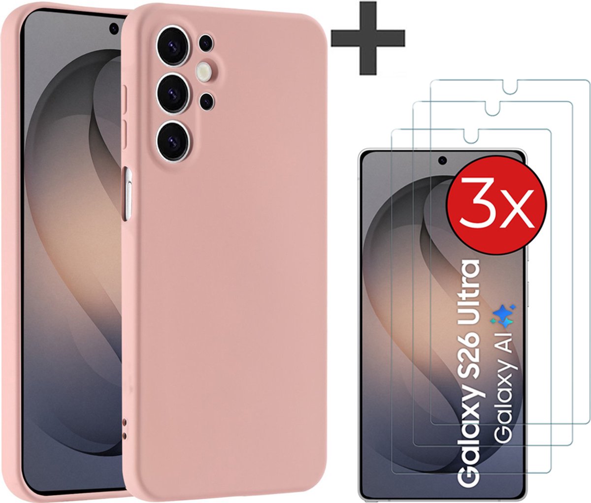 Hoesje geschikt voor Samsung Galaxy S26 Ultra hoesje zacht siliconen met 3 Stuks gehard glas Screenprotectors - Arara backcover - Zand
