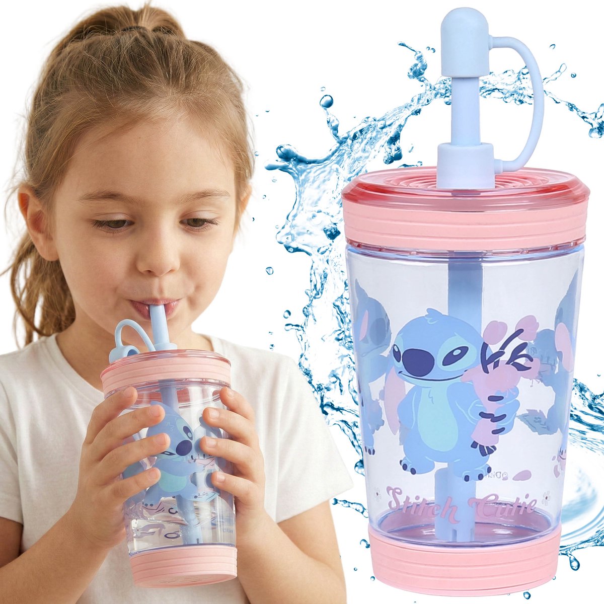 DISNEY Stitch Morsvrije beker voor koude dranken met rietje, transparant 480 ml
