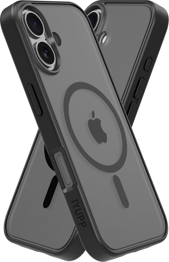 IYUPP Hoesje Geschikt voor iPhone 16 Hoesje - Geschikt voor MagSafe - Shockproof Back Cover - Mat Zwart Transparant