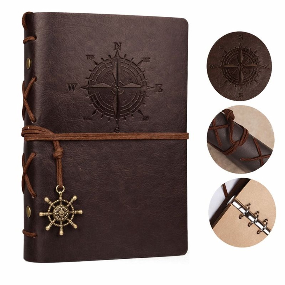 Goodz4All Vintage Lederen Notitieboek met Windroos A5 - Donker Bruin - Journal Schetsboek Notebook - Cadeau idee - Blanco Papier - Travel Journal Reis Dagboek Retro
