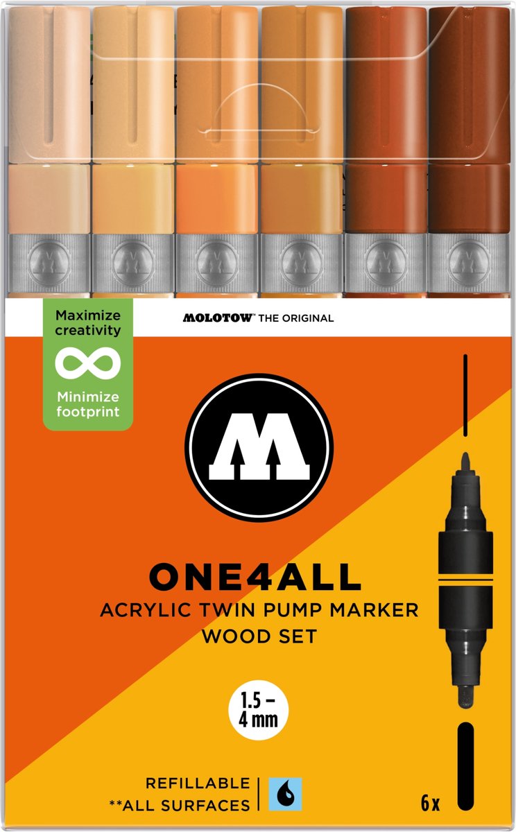 MOLOTOW ONE4ALL TWIN Acrylstiften Set - Hout - 6x (1,5+4mm) - Wood Set