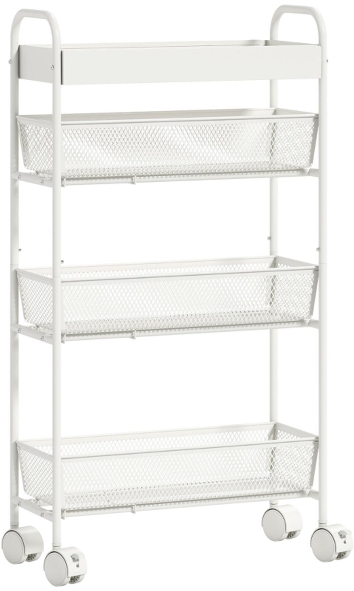 Keukenwagen - Smal Met 3 Mandjes En 4 Wielen Voor Keuken/Woonkamer/Bathroom - MDF/Metaal - Wit
