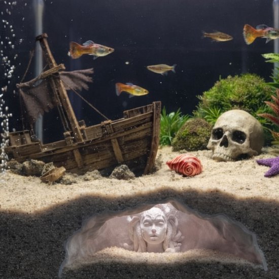 Aquariumdecoratie met een verzonken schip, schedel, schelp, zeester en Medusa beeld in een grot.