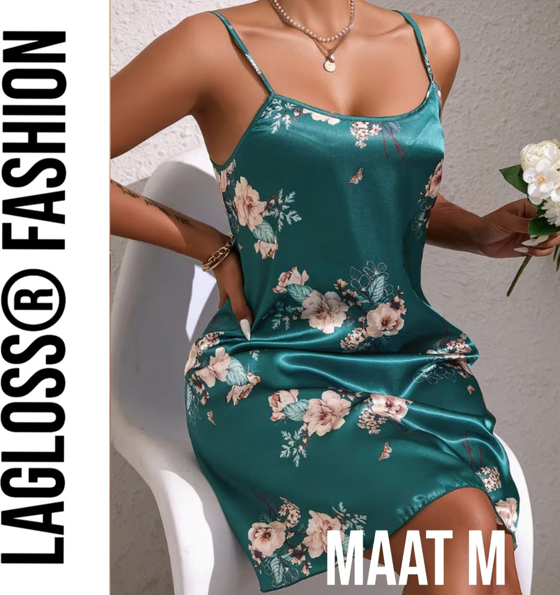 LaGloss® Turquoise Bloemenprint Slaapjurk Satijn – Mouwloos & Elegant Lente/Zomer - Nachtjurk – Maat M