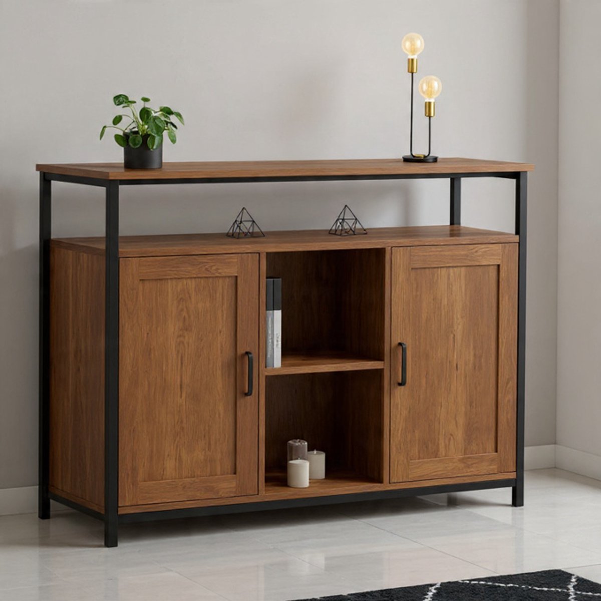 Dayton Industrieel 2-Deurs Dressoir 100 cm – Vintage Antieke Houtlook – Sideboard met Planken voor Woonkamer, Eetkamer & Hal – Multifunctionele Commode novihome