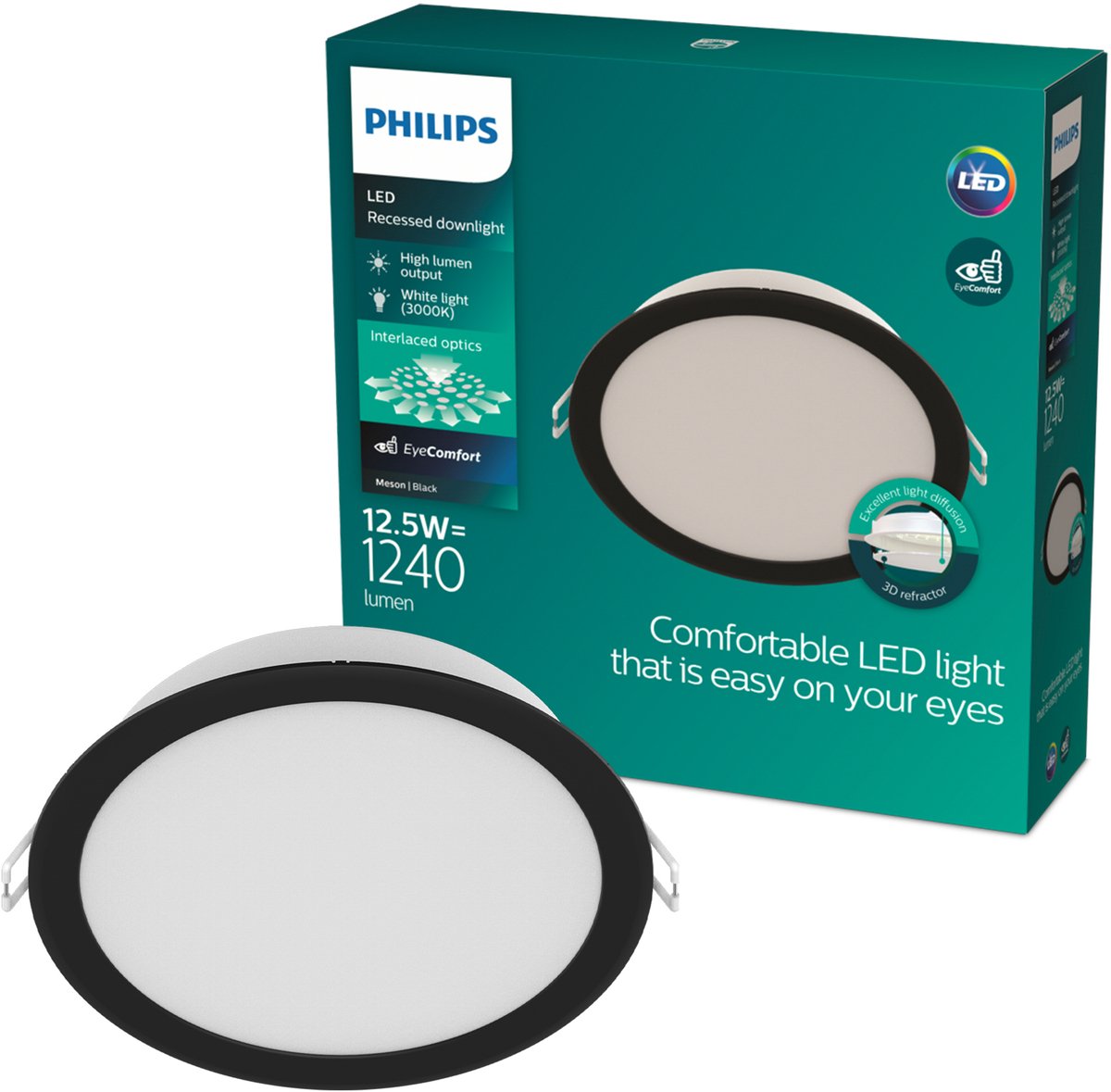 Philips Meson Inbouwspot - Plafondverlichting - Diameter: 140mm - Helder wit licht: 3000K - Zwart