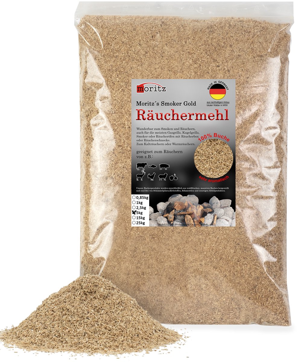 5 kg Moritz Smokers Gold - rookmeel beuk fijn 0,5 – 1 mm voor koud en warm roken van vis, vlees en meer