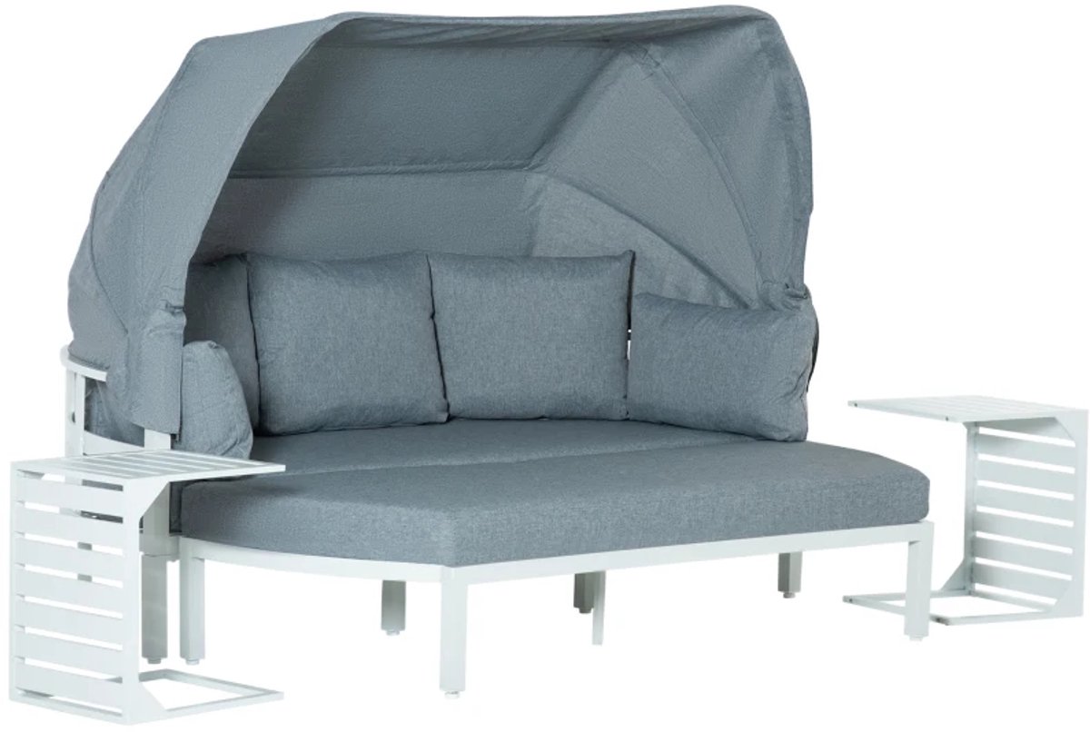 Zonne-eiland - 4-delige Ligstoel - Tuinset voor 5 personen - Loungebed - Lounge Eiland - incl. Opvouwbare Zonnedak - Loungeset met Luifel & Kussens - voor Tuin en Terras - Zitgroep - Ligbed - Tuinmeubel - Tuinbank - Slaapbank - Wit + Grijs