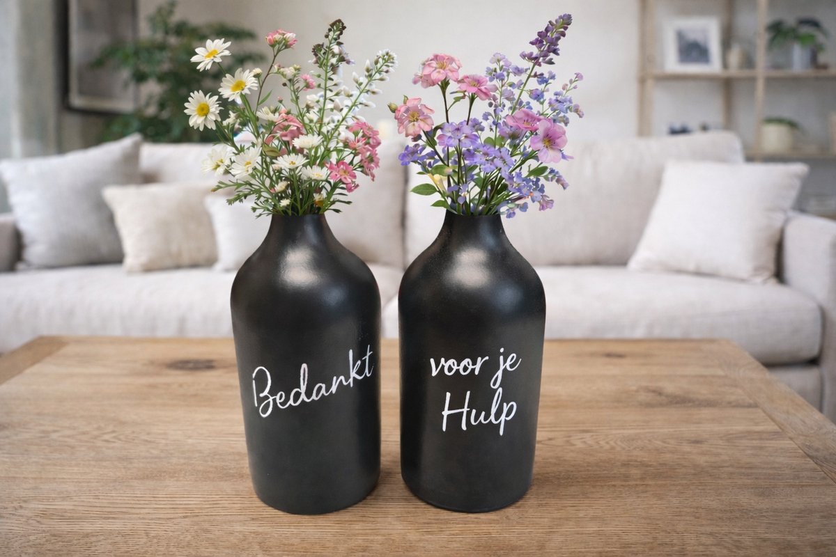 Bedrukte fles vazen, Set van 2 flessen met tekst, Bedankt voor je hulp, Bedrukte flessen, XLX®