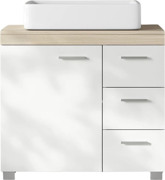 Wastafelonderkast met houten blad, 1 witte deur en 3 witte laden, staand op poten.