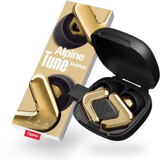 Alpine Tune Oordopjes Festival - Concert Oordopjes met Geluidsdemping - Hifi Geluidskwaliteit - 19dB Gehoorbescherming met Helder Geluid - 4 Maten Oordoppen - Voor Concerten, Feesten, Raves & Clubs - Goud