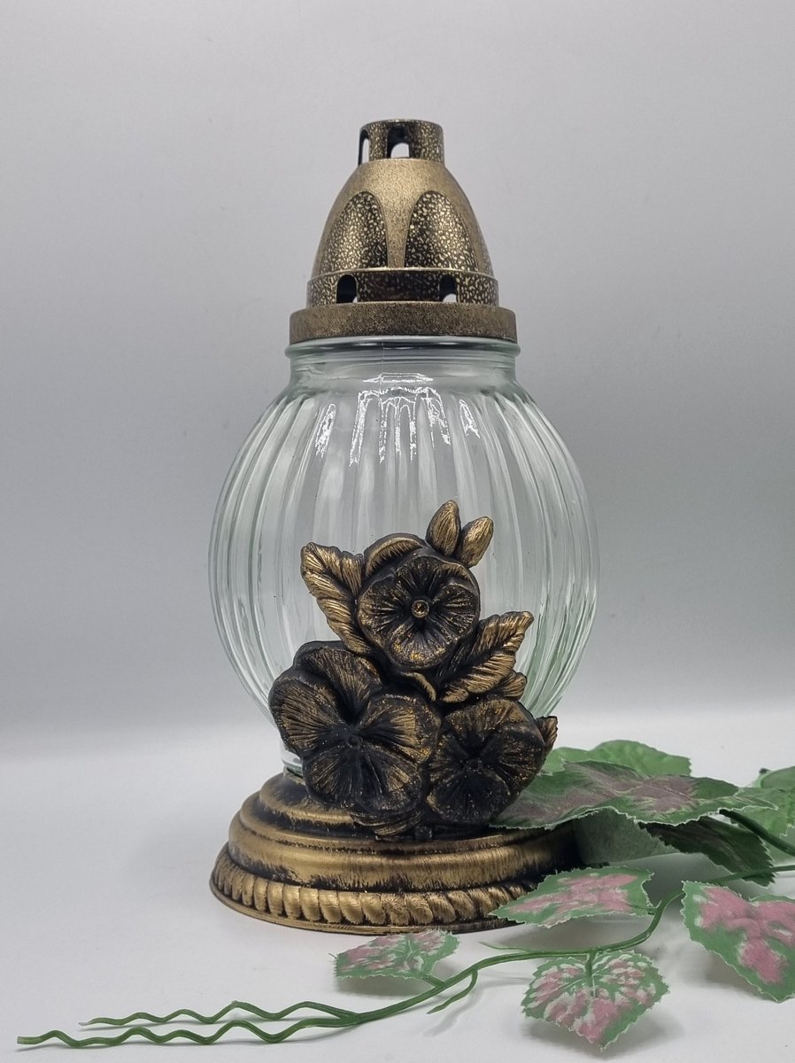 Herdenkingslicht - R492f-zl - Goud- Viooltjes - Grafkaars – Graflicht – Graflantaarn – Grafdecoratie - Windlicht