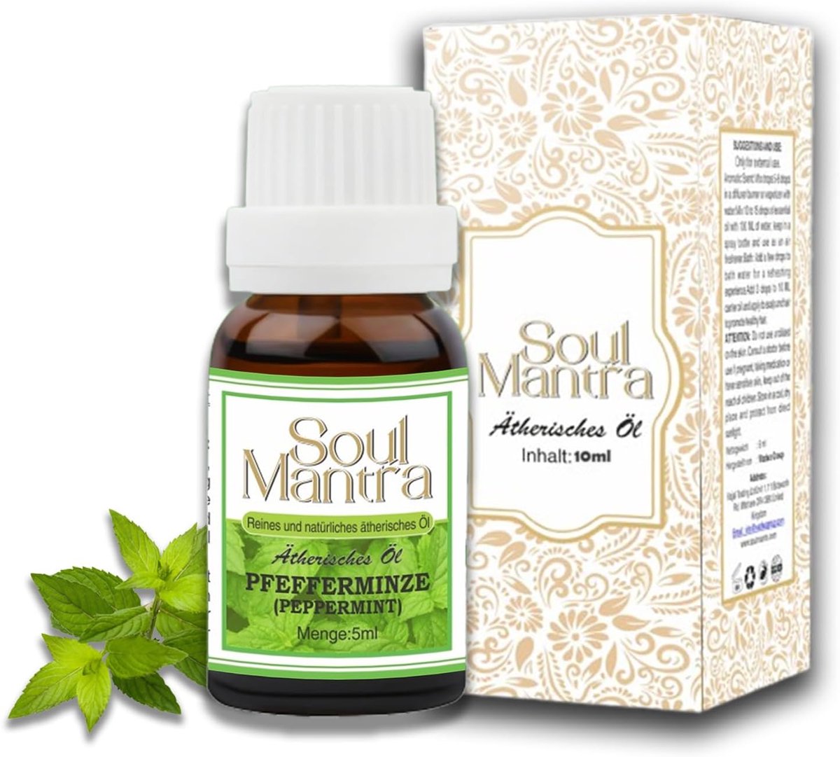 Soul Mantra Pepermuntolie Essentiële Olie 5ml - 100% Puur - Voor Aromatherapie, Huidverzorging en Sterk Haar - Natuurlijke Etherische Olie met Kajal Sticker