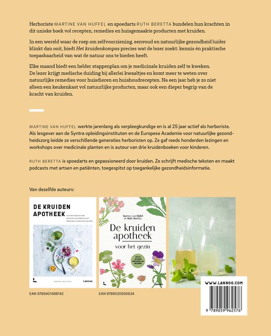 De achterkant van het boek "Het Kruiden Kompas" toont de auteurs, een beschrijving, en afbeeldingen van de boeken "De Kruiden Apotheek" en "De Kruiden Apotheek voor het Gezin".