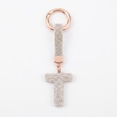 Porte-clés couleur argent avec lettre T et strass – porte-clés initial pour femmes et hommes – pendentif clé en métal avec anneau rond et pendentif lettre décoratif