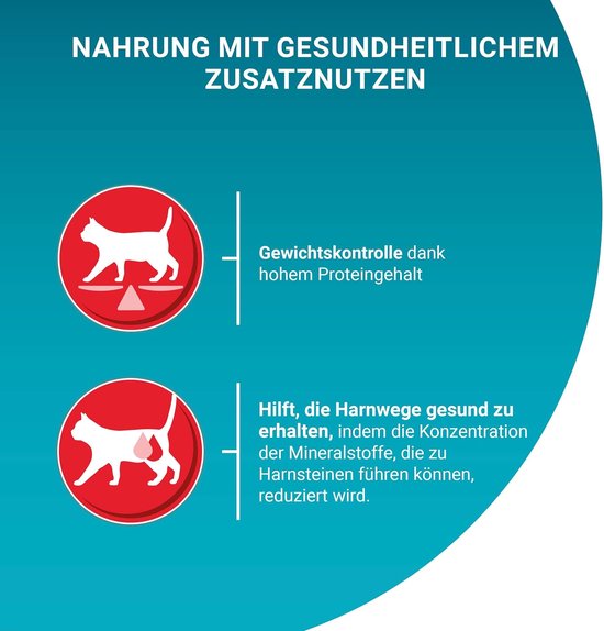 Voeding met gezondheidsvoordelen: Gewichtcontrole dankzij hoog eiwitgehalte en gezonde urinewegen door verminderde mineraalconcentratie.