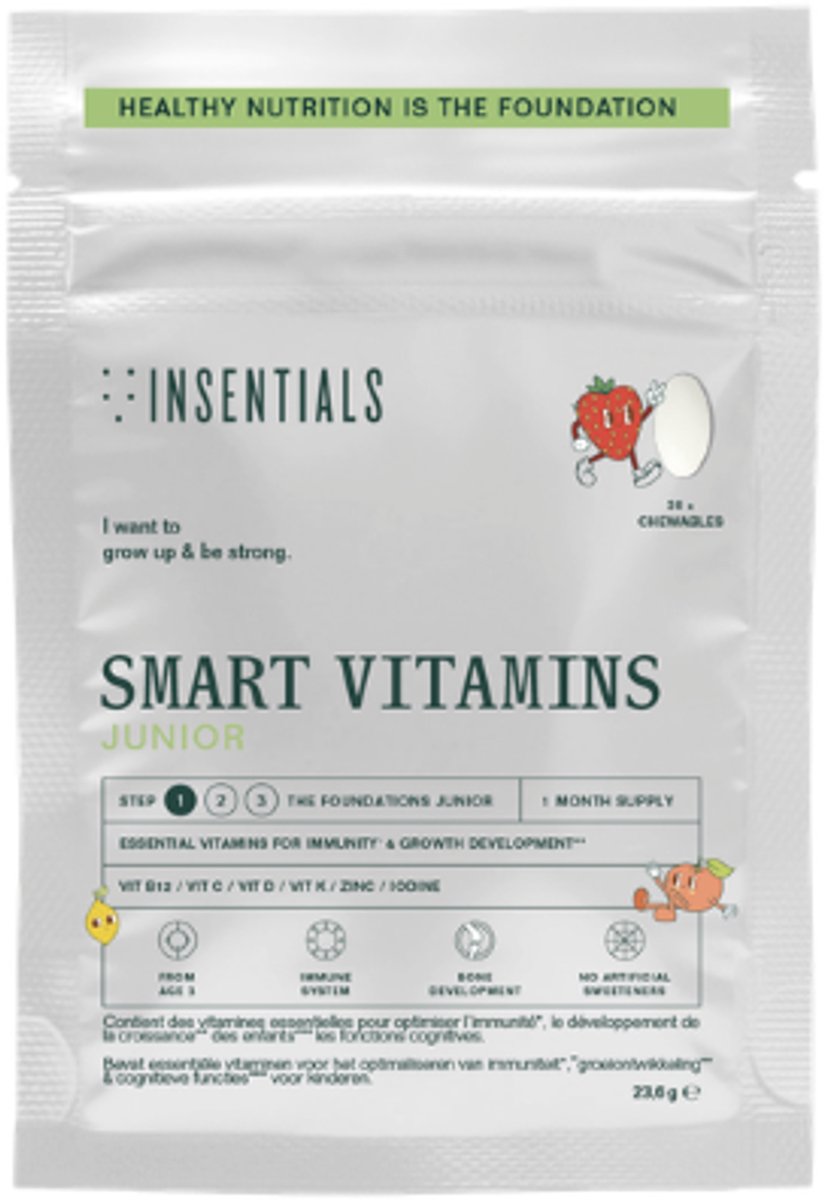 Insentials Smart Junior (Smart Kids) - Multivitamine kinderen - Vitamine D - Immuunsysteem en botontwikkeling - Zonder kunstmatige zoetstoffen - Natuurlijke aardbeismaak - Vanaf 3 jaar - 30 zuigtabletten