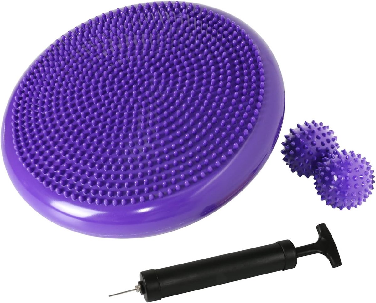 Wiebelkussen - Balanskussen - Balkussen - Komfortabel Zitten - Volwassenen en kinderen - Balansbord - Balance Board - Balanstrainer - Balansbal - Fitnessbal - Paars - 34 cm met Handpomp en 2 spike massage ballen - van Imperatoris