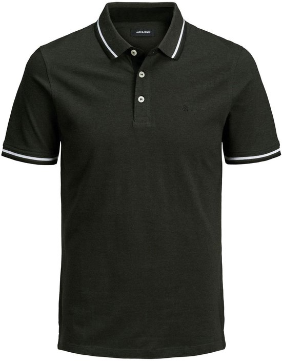 Polo vert foncé avec rayures blanches et noires sur le col et les manches, petits boutons blancs et logo brodé.