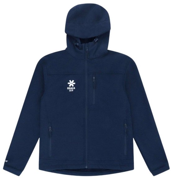 Marineblauwe softshell jas met capuchon, ritssluitingen en wit Osaka-logo op de borst.