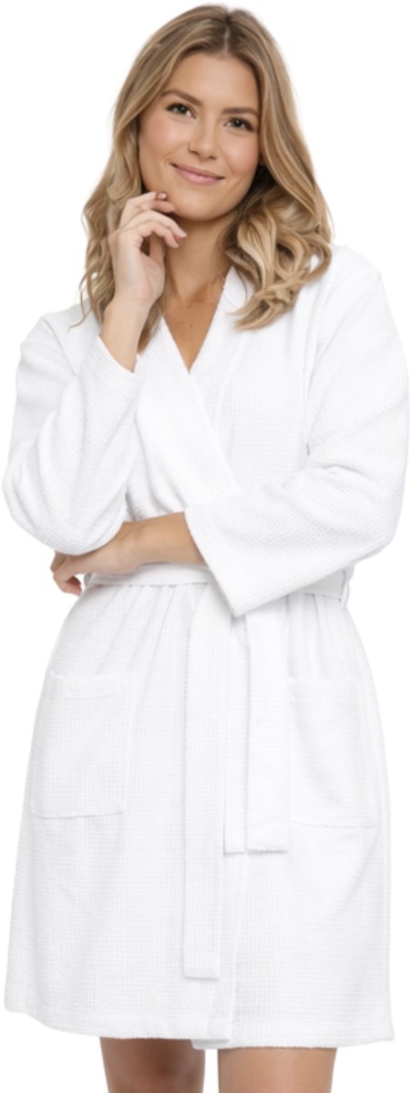 Kimono wafel badjas dames – lichtgewicht & sneldrogend - wit - maat M