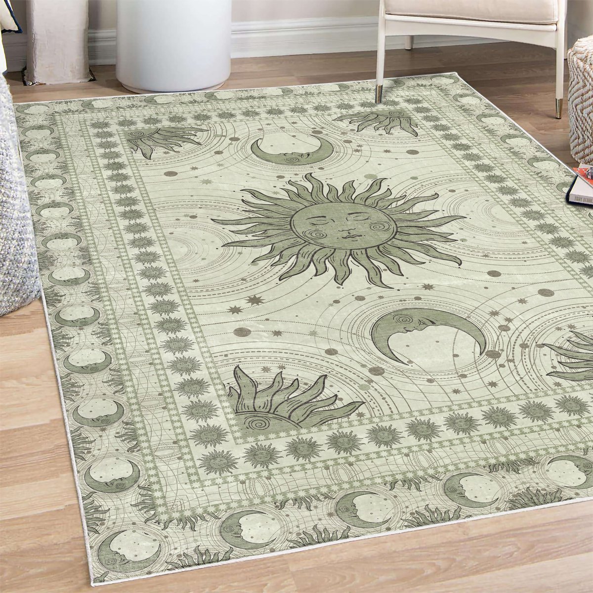 ABAKUHAUS Decoratief vloerkleed met zon en maan, hoogwaardig vloerkleed voor slaapkamer en woonkamer, 60x152 cm, Reseda
