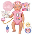BABY born pop met roze romper, mutsje, en accessoires: luier, speen, fles, bordje, lepel en potje.