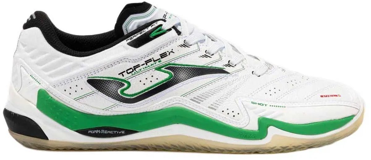Witte JOMA Top Flex Ultimate zaalvoetbalschoenen voor heren, maat EU 41, met groene en zwarte accenten.