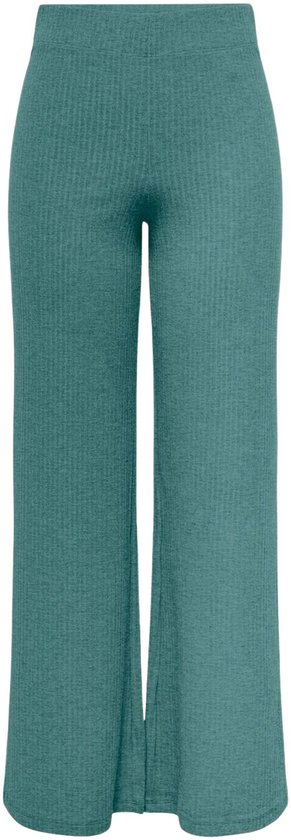 Voorkant van een turquoise geribde broek met wijde pijpen.