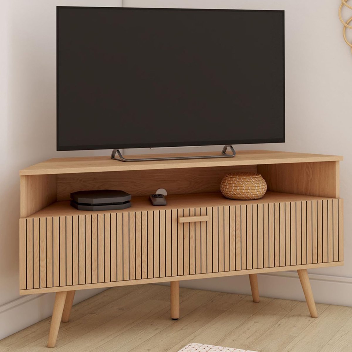 TV-meubel Juliette Hoekkast 110x30x54 cm Modern Eikenkleurig 1 Deur Latteneffect – Pauwhom