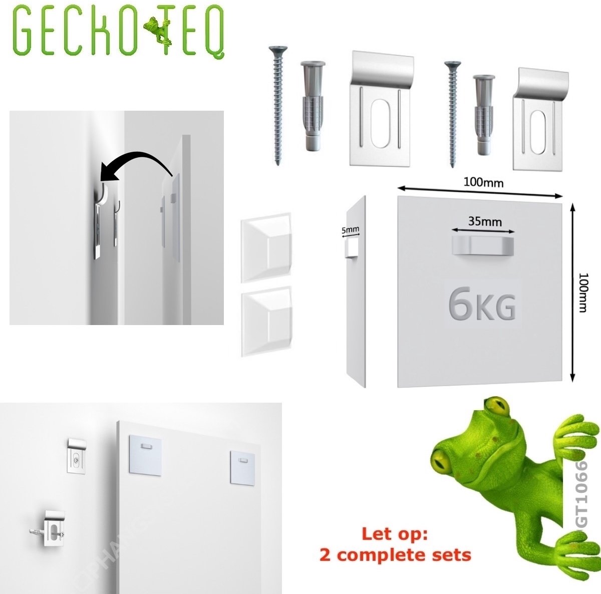 GT1066 GeckoTeq 1 x set van 2 stuks zelfklevend-ophangplaat-hanger-voor foto-glas-spiegel-DiBond-Forex 100x100mm tot 6kg