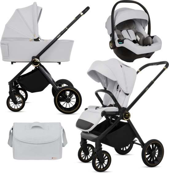 BabyLux® Kinderwagen 3in1 Set ROSSO, Zilver, Opvouwbare Lichtgewicht Kinderwagenset Incl. Reiswieg, Buggy, I-Size Baby-Autostoeltje, Luiertas En Meer Accessoires, 4 Ligstanden, 0-22kg, Uv-Bescherming 50+