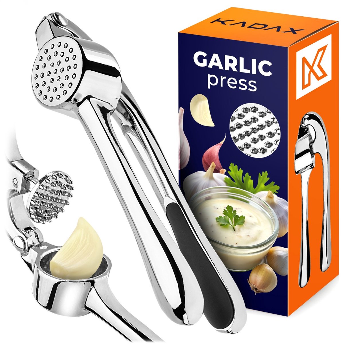 KADAX Knoflookpers, roestvrij Staal, Knoflookpers met Handvat, manueel, stevig, praktische Keukenhulp, handige Rasp voor Knoflook, Knoflookknijper, zilverkleurig